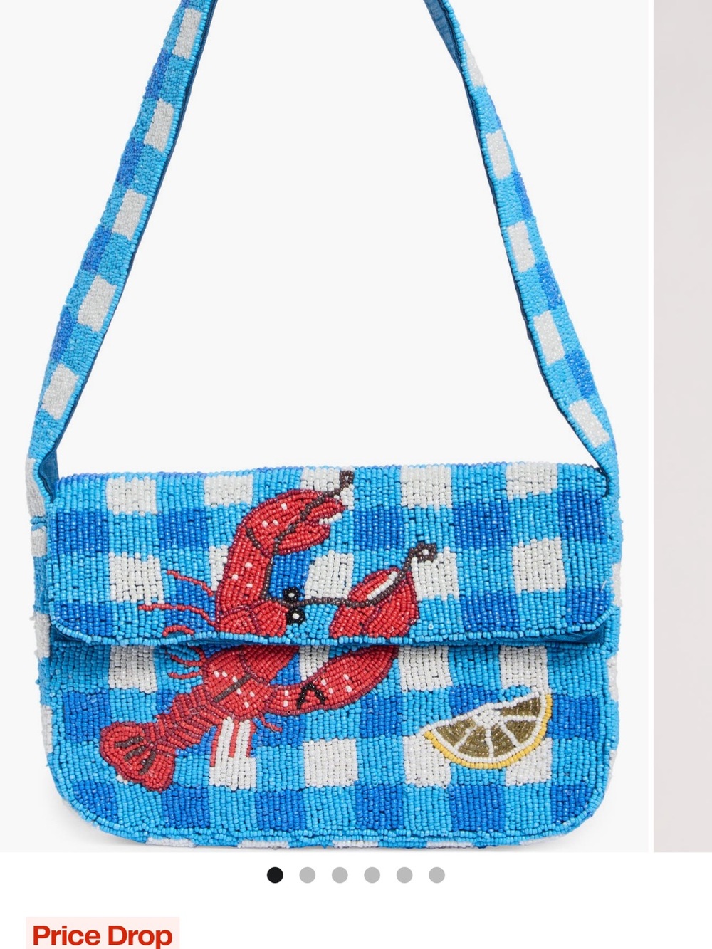 Blue Check Beaded Shoulder Bag with Red Lobster Motif